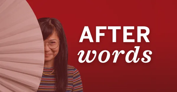 A person in glasses and a striped shirt stands next to a large fan, with the words "AFTER words" on a red background.