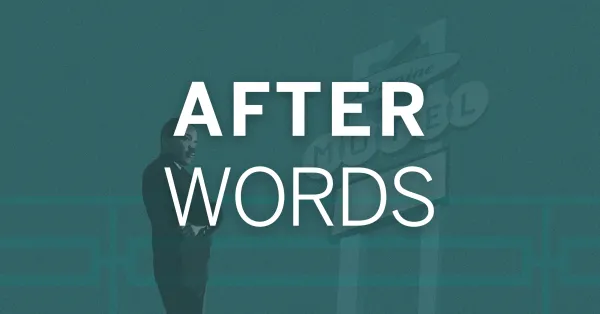 A person stands in front of a motel sign, with the words "AFTER WORDS" displayed in large white text over the image.