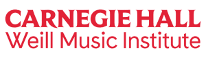 The image shows the logo for Carnegie Hall Weill Music Institute, with the text in bold red letters on a white background.