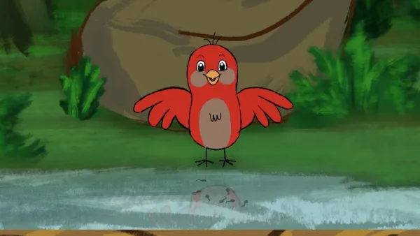 Illustration of a red cartoon bird standing near water with wings outstretched, set against a green forest background.