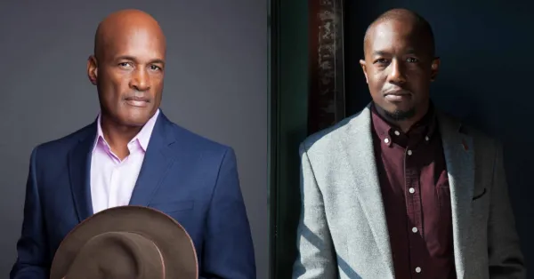 Two men wearing suits pose against dark backgrounds; the man on the left holds a hat, while the man on the right stands with hands at his sides.