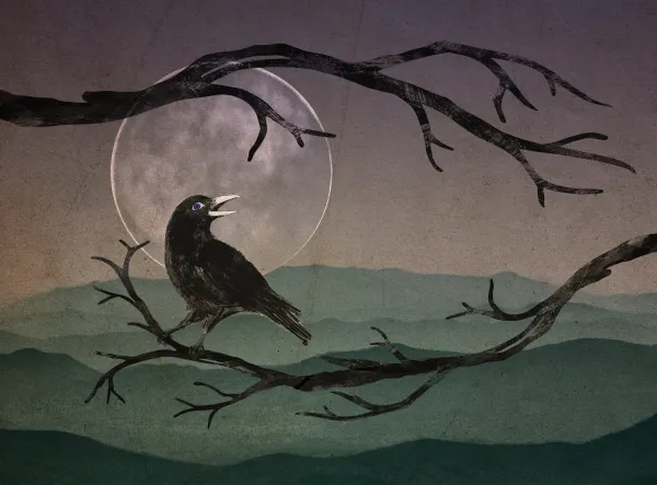A black bird perches on a branch with a full moon and rolling hills in the background, rendered in a textured, stylized art style.