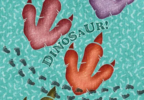 Illustration of large dinosaur footprints, smaller animal tracks, and the word "DINOSAUR!" on a blue patterned background.