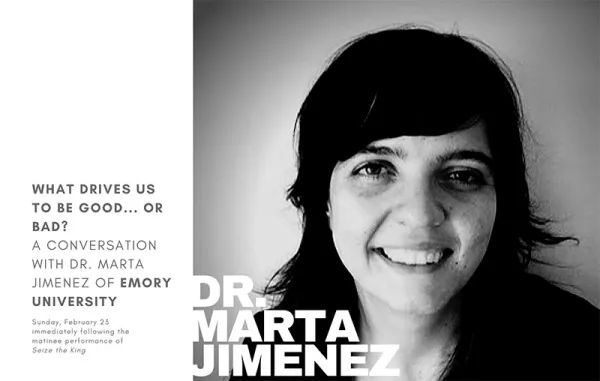 Drmartajimenez Black and white image of Dr. Marta Jimenez smiling, alongside event details for a conversation at Emory University titled "What Drives Us to Be Good... or Bad?.