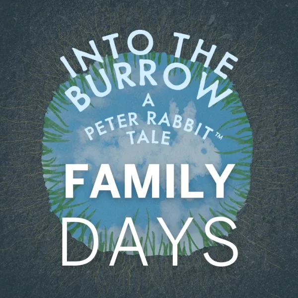 Text graphic with the words: "Into the Burrow: A Peter Rabbit Tale FAMILY DAYS" over a blue sky background with green grass in a circular shape.