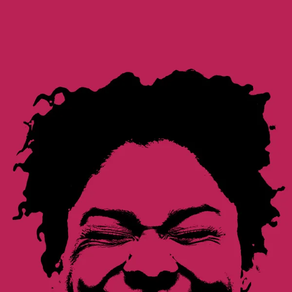 A stylized graphic of a person's face with eyes closed and a wide smile, set against a solid magenta background.