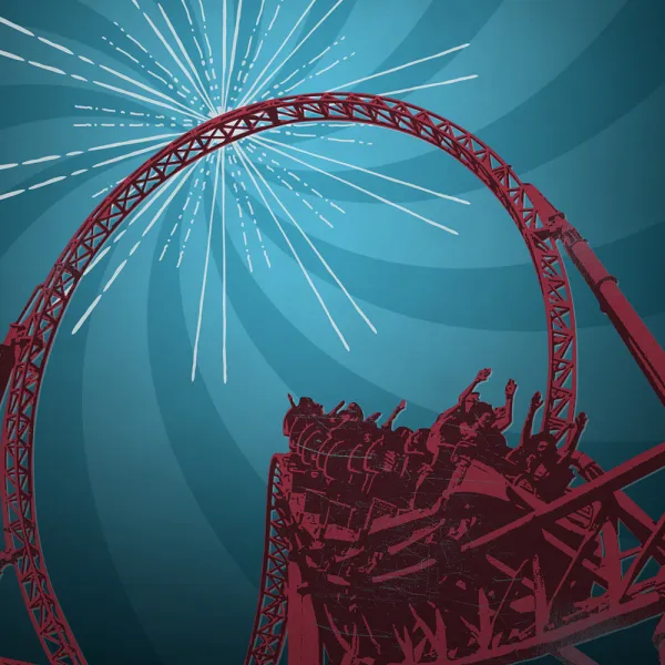A roller coaster train filled with people goes through a vertical loop, with fireworks in the sky and a blue spiral background.