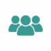 Icon of three teal-colored people silhouettes on a light gray background, representing a group or community.