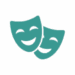 Two teal theater masks with smiling faces, overlapping slightly, on a light gray background.
