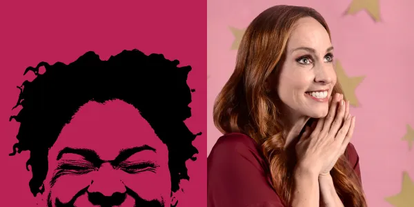 Split image: Left side shows a stylized, high-contrast portrait of a smiling person; right side shows a woman smiling and clasping her hands in front of a pink background with yellow stars.