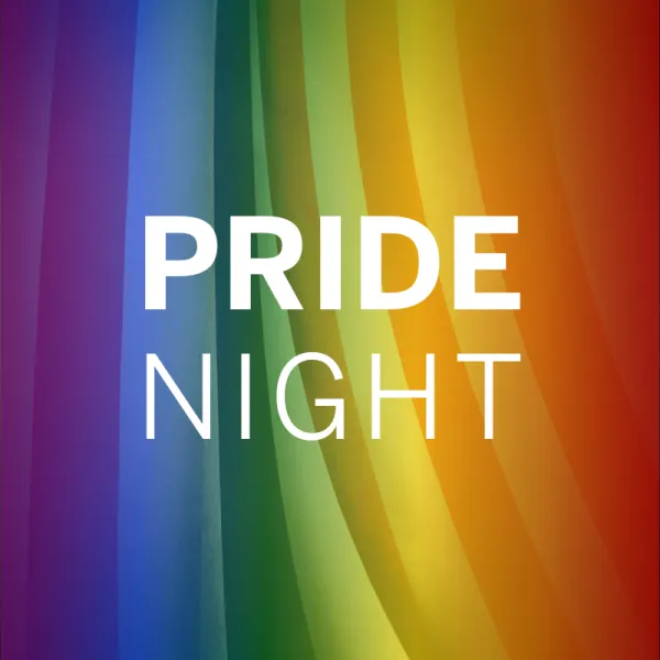 Text "Pride Night" over a background of blended rainbow colors representing the LGBTQ+ pride flag.