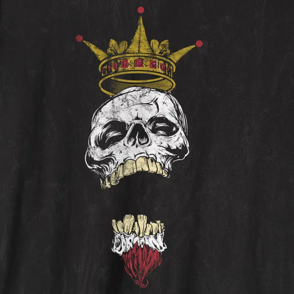 Seizetheking 1000×1000 0 Illustration of a cracked skull wearing a gold crown, with detached lower jaw and a red, stylized beard beneath it, set against a dark background.