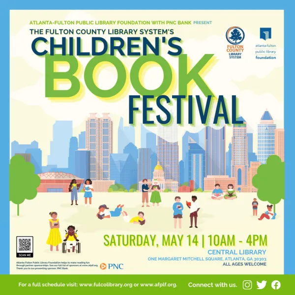 Children and families read, play, and relax outdoors at the Children's Book Festival, hosted by the Fulton County Library System, scheduled for May 14 at Central Library.