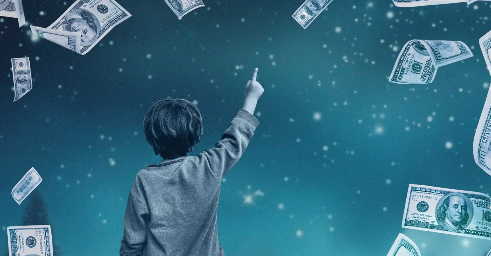 A child stands under a starry sky, pointing upward as U.S. dollar bills float around.