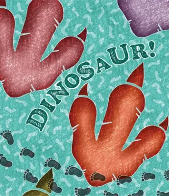 Illustration showing large dinosaur footprints and smaller human footprints on a textured background with the word "DINOSAUR!" in bold letters.