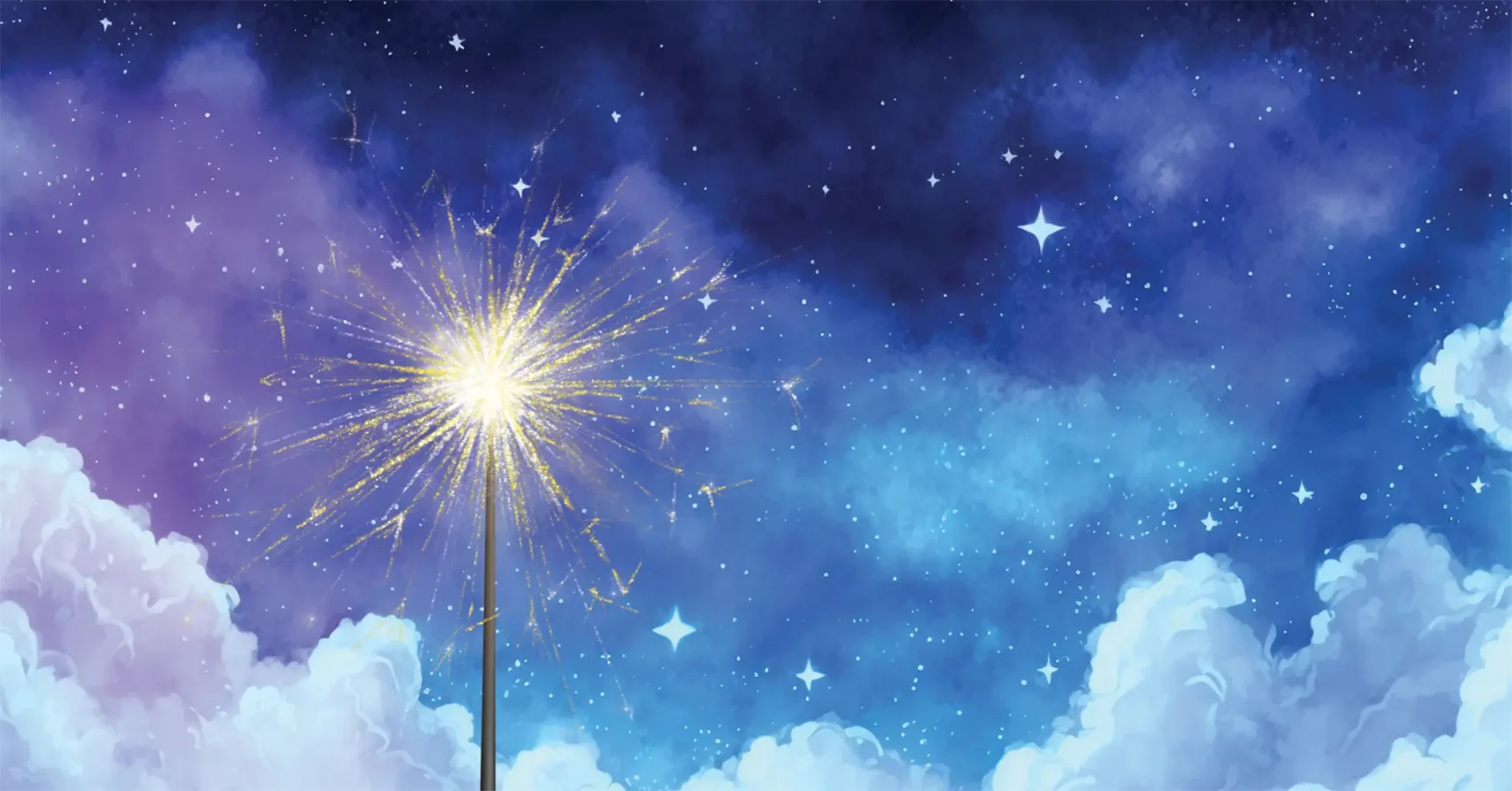 A lit sparkler glows brightly against a starry night sky with clouds at the bottom.