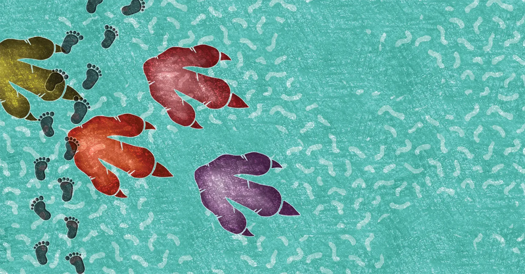 Three large dinosaur footprints in yellow, red, and purple overlap with small human footprints on a turquoise background with scattered faint white markings.