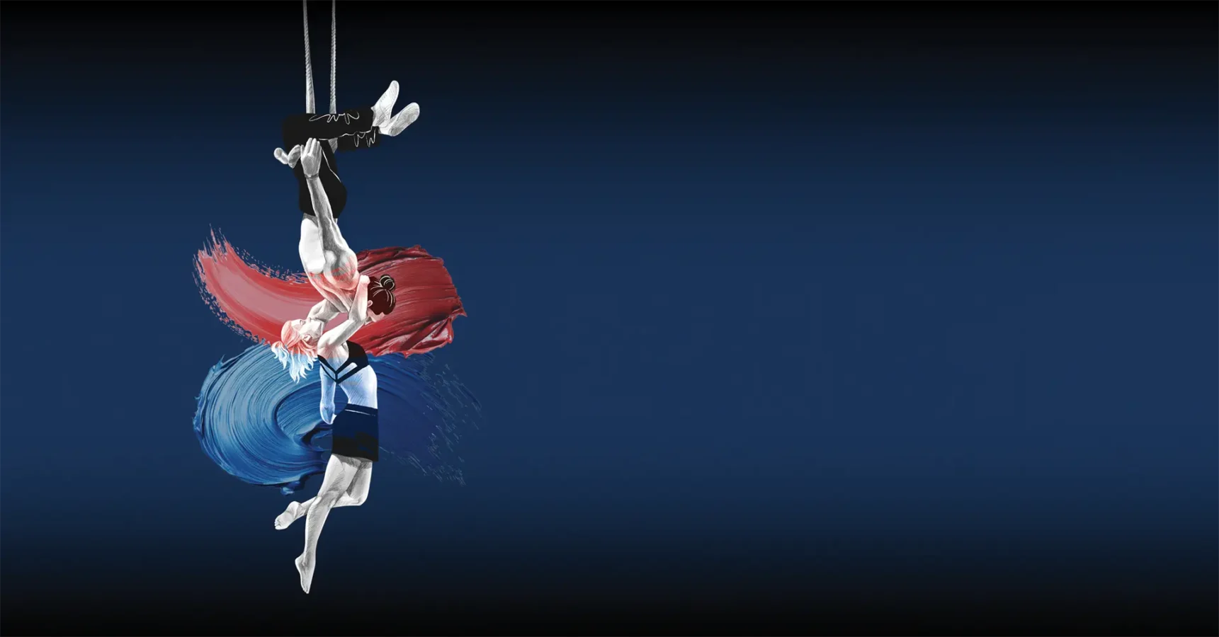 Two aerial performers hang upside down from a trapeze, with red and blue paint-like strokes trailing from each figure against a dark blue background.
