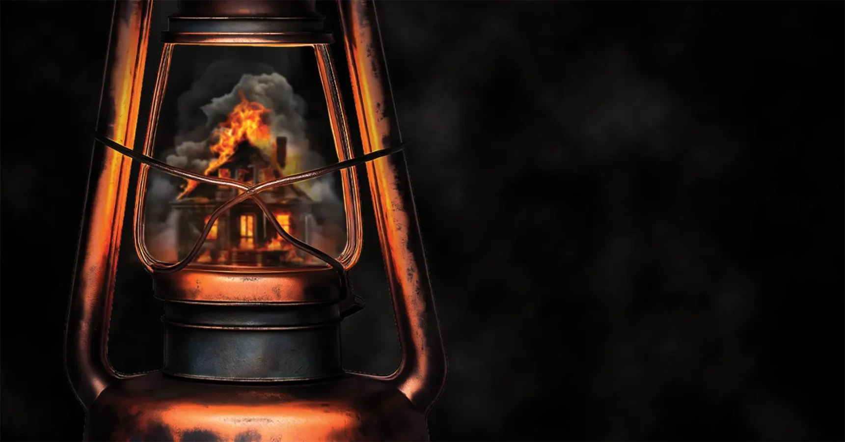 A vintage oil lantern with the reflection of a burning house and smoke inside the glass, set against a dark background.