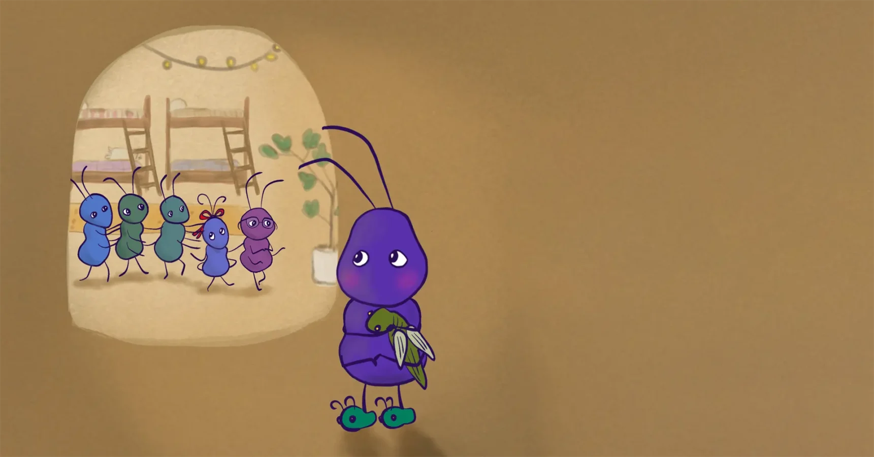 A purple cartoon bug holding a book stands apart while three other bugs talk in the background near a bunk bed inside a cozy room.