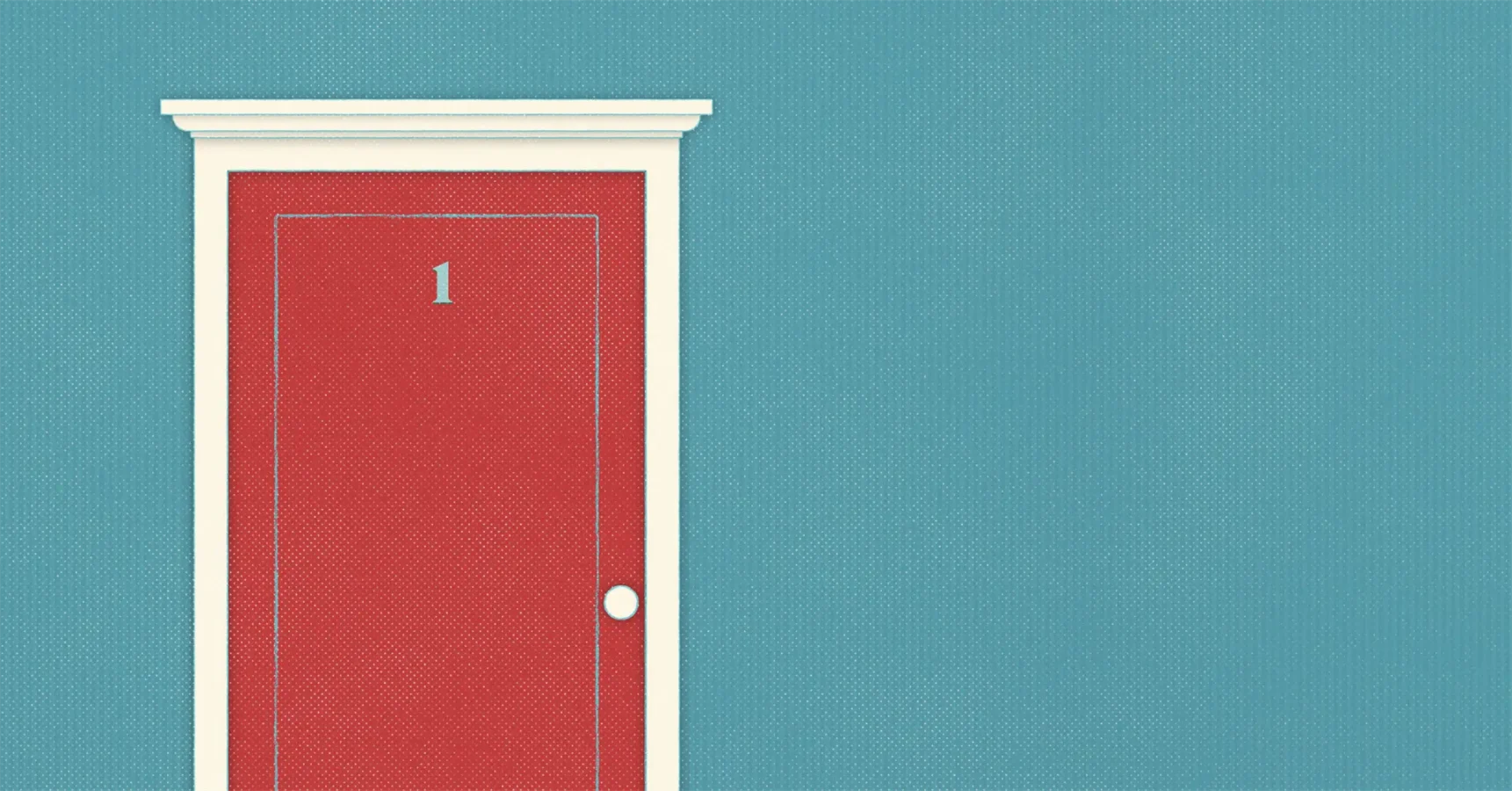 A red door with the number 1 and a white frame is set against a blue wall; only the left side of the door is visible.