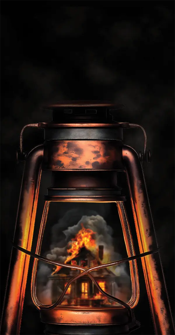 A vintage lantern with a burning house and smoke depicted inside the glass, set against a dark background.