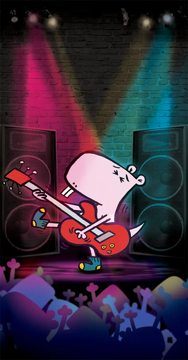 Cartoon dog playing an electric guitar on stage with colorful spotlights and large speakers, while a crowd watches in the foreground.