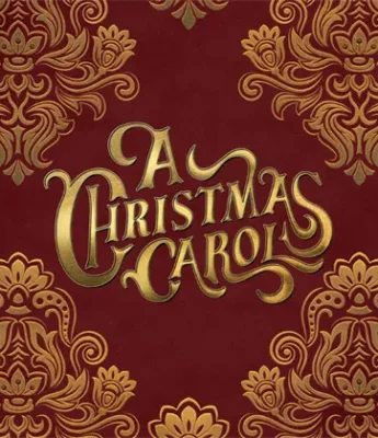 Red background with ornate gold floral patterns and the title "A Christmas Carol" in stylized gold lettering in the center.