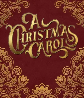 Dark red background with ornate gold floral patterns and the title "A Christmas Carol" in decorative gold lettering in the center.