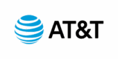AT&T logo featuring a blue and white striped globe next to the text "AT&T" in bold black letters on a light background.