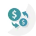 Two blue coins with dollar signs and circular arrows between them, representing currency exchange or financial transactions.