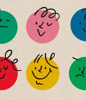 Six colored circles display simple drawn faces showing different emotions, including neutral, happy, sad, and content expressions.