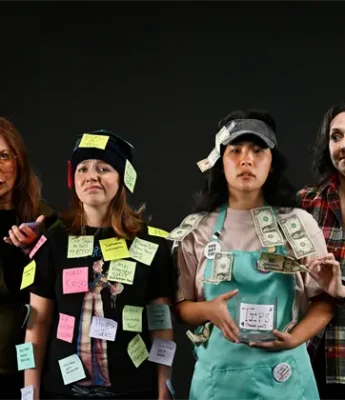 Four women stand against a dark background, each wearing work attire and covered in sticky notes or money, with serious or neutral expressions.