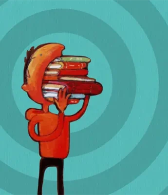 Illustration of a person in an orange hoodie holding a large hamburger with books stacked inside it instead of traditional fillings.