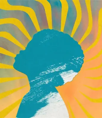 A blue silhouette of a person with an afro hairstyle faces upward, set against a background of yellow and orange radiating wavy lines.