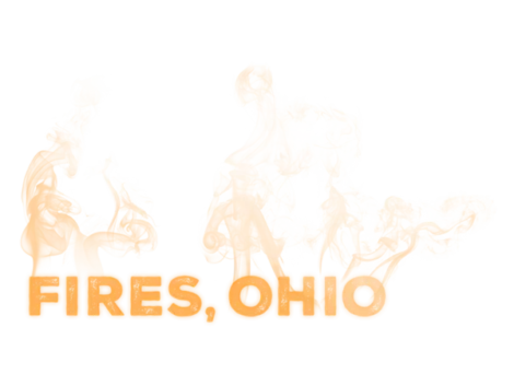 Orange text reading “FIRES, OHIO” with abstract, flame-like shapes above the words, resembling burning or fire.