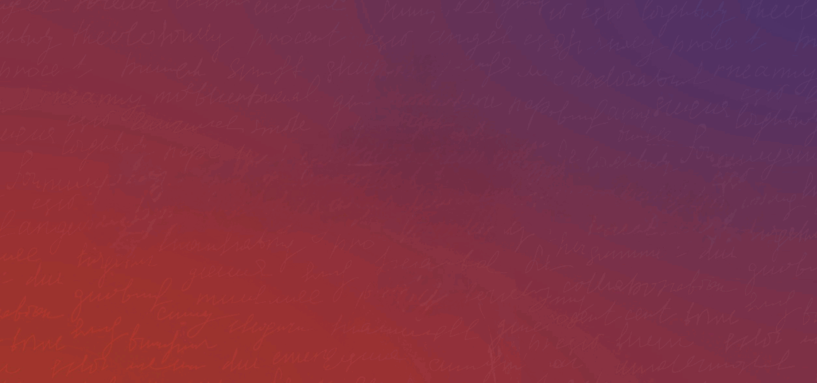 A gradient background transitioning from red at the bottom to purple at the top, overlaid with faint, handwritten cursive text.