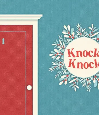 A red door labeled with the number 1 appears next to a holiday wreath with the words "Knock, Knock" on a blue background.