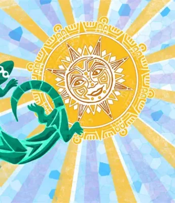 A stylized green lizard appears to reach toward a decorative yellow sun with a face, set against a mosaic sky with blue and white tones and yellow rays.