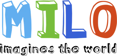 The word "MILO" is written in large, colorful, block letters: blue "M", green "I", blue "L", and red "O" on a white background.