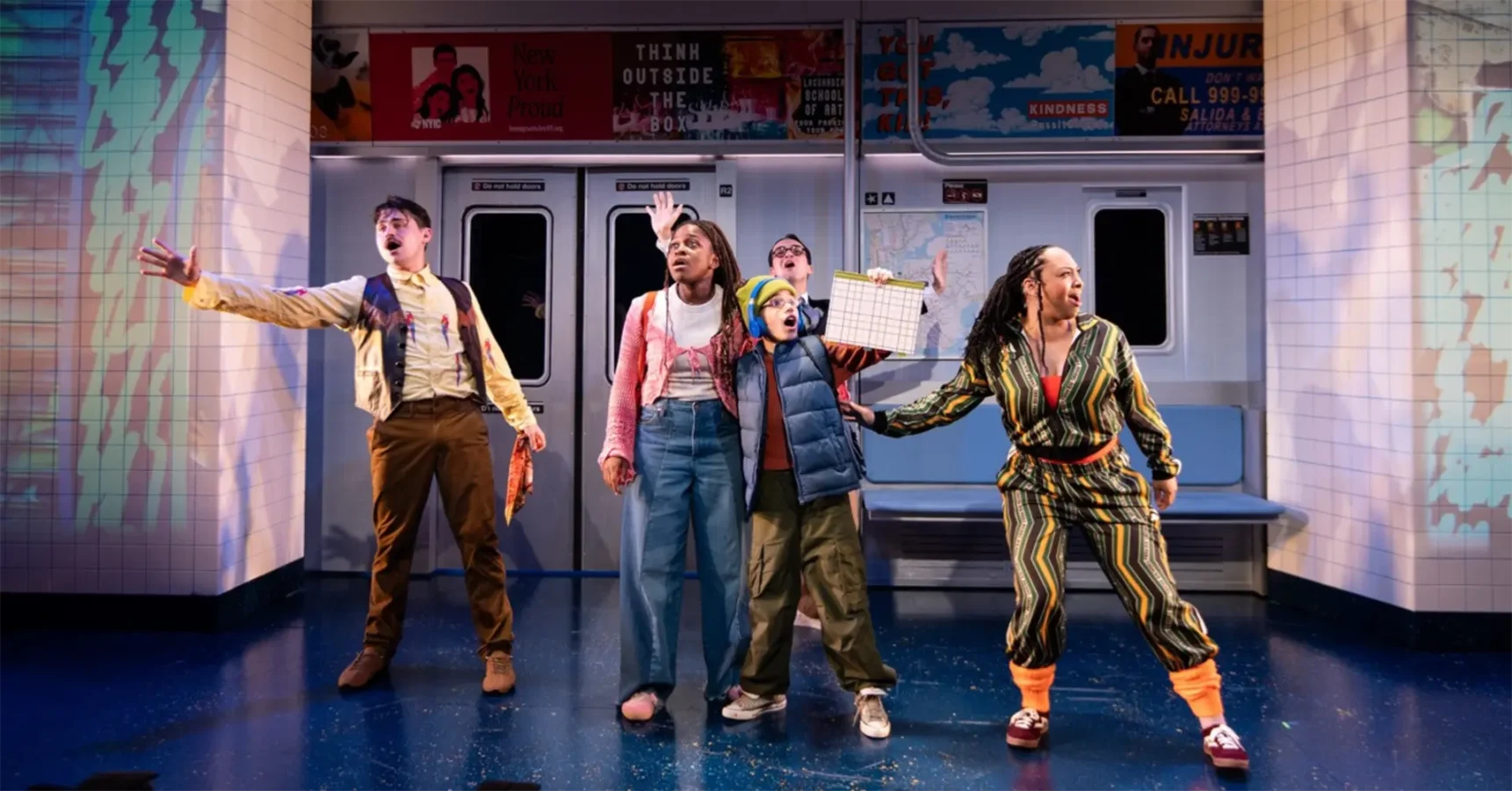 Five actors perform on a set designed to look like a subway train, with colorful costumes and expressive poses, under bright stage lighting.
