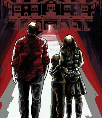 An illustrated family of three stands on a path leading toward a large, dark, and ominous mansion in the distance.