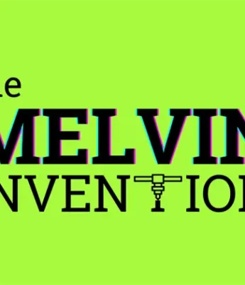 Bright green background with the text "the MELVIN INVENTION" in bold black letters; the "T" in "INVENTION" is illustrated as a tool.