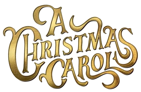 Gold ornate text reads "A Christmas Carol" with decorative flourishes on a transparent background.