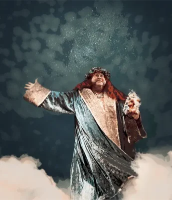 A person in a long robe and head covering stands on a cloud-like surface, extending one arm upward and holding an object in the other hand, against a dark, speckled background.