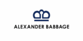 A blue crown-like logo is above the words "ALEXANDER BABBAGE" in black capital letters on a light gray background.