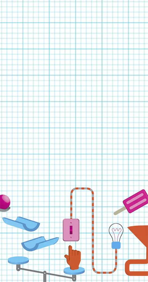 Colorful science-themed objects, including a lightbulb, funnel, paddle, and hand lever, are arranged along the bottom of a graph paper background.