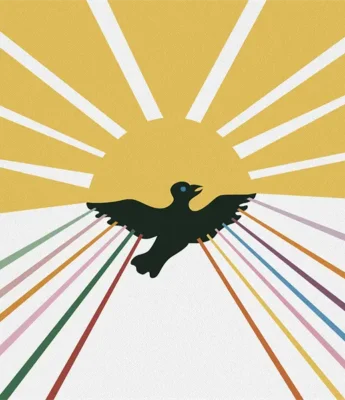 A black bird with outstretched wings flies in front of a yellow sun with rays; colored lines extend downward from its wings.
