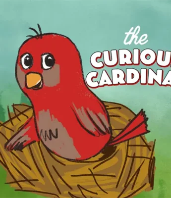 Illustration of a red cardinal bird sitting in a nest with the text "the CURIOUS CARDINAL" on a blue-green background.