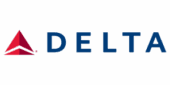 Delta Air Lines logo featuring a red triangle icon to the left of the word "DELTA" in blue uppercase letters on a light background.